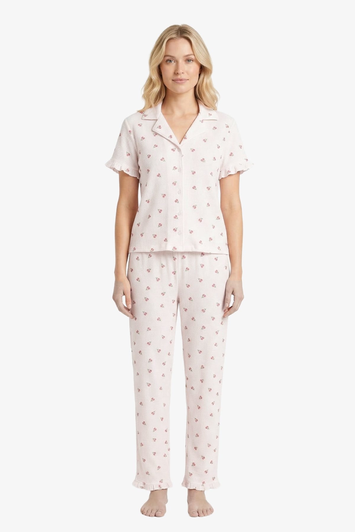 Beyaz Çiçek Desenli Bürümcük Gömlek Yaka Kadın Pijama Takımı