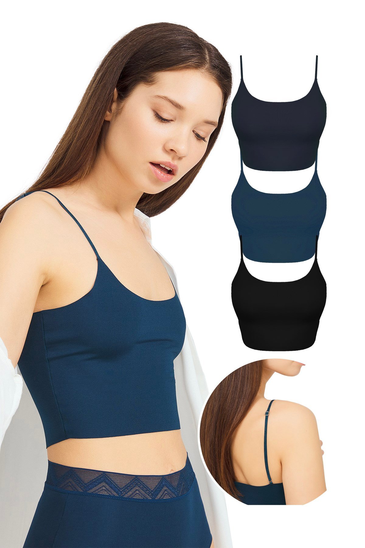 Ayarlanabilir İnce Askılı Lazer Kesim Crop Büstiyer 3lü Paket-2