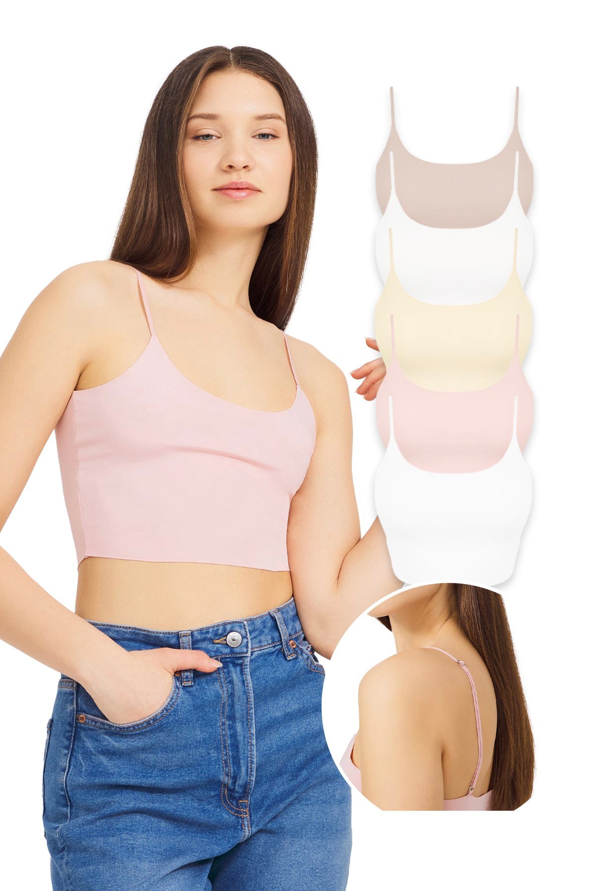 Ayarlanabilir İnce Askılı Lazer Kesim Crop Büstiyer 5li Paket