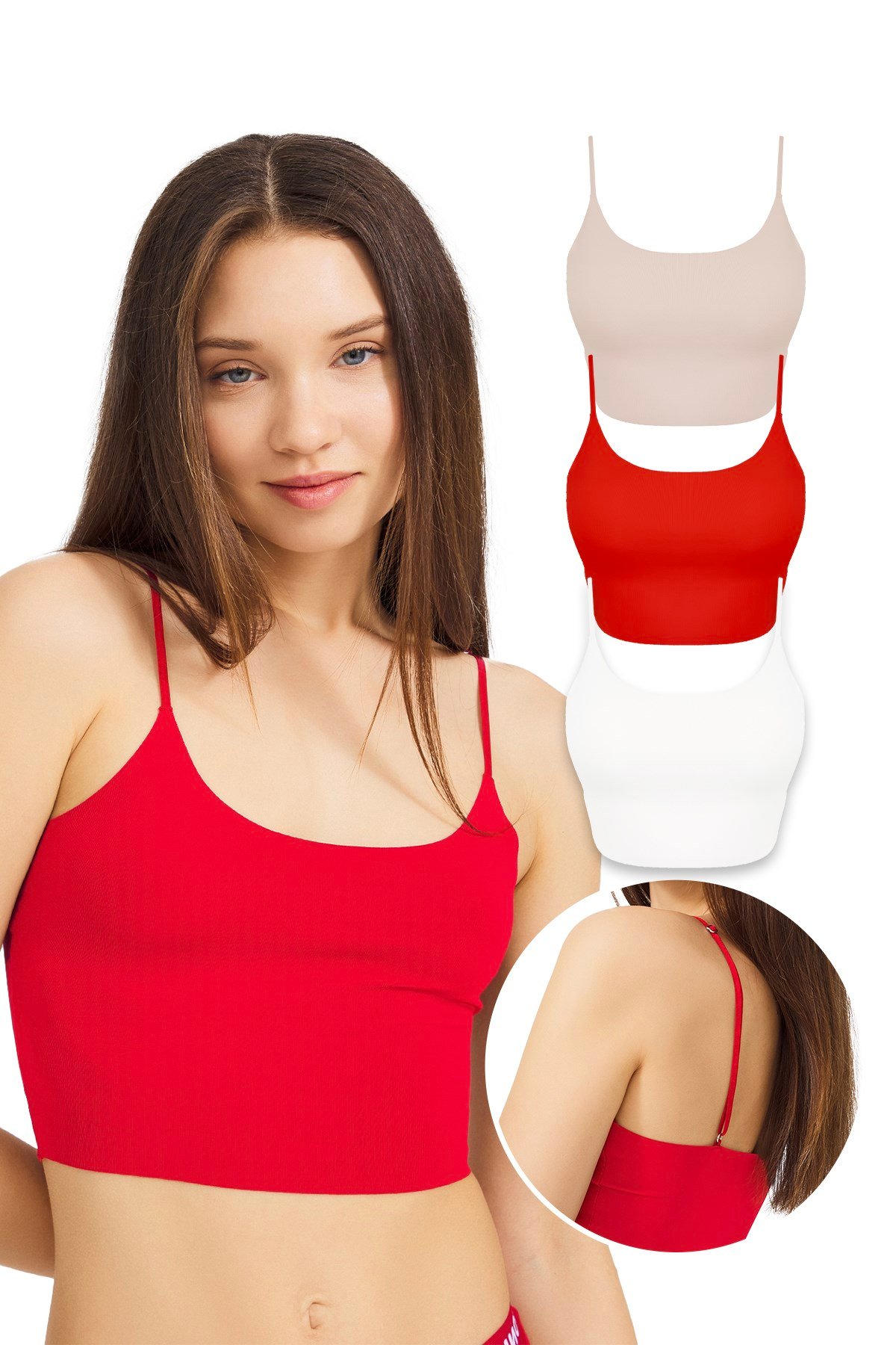 Ayarlanabilir İnce Askılı Lazer Kesim Crop Büstiyer 3lü Paket