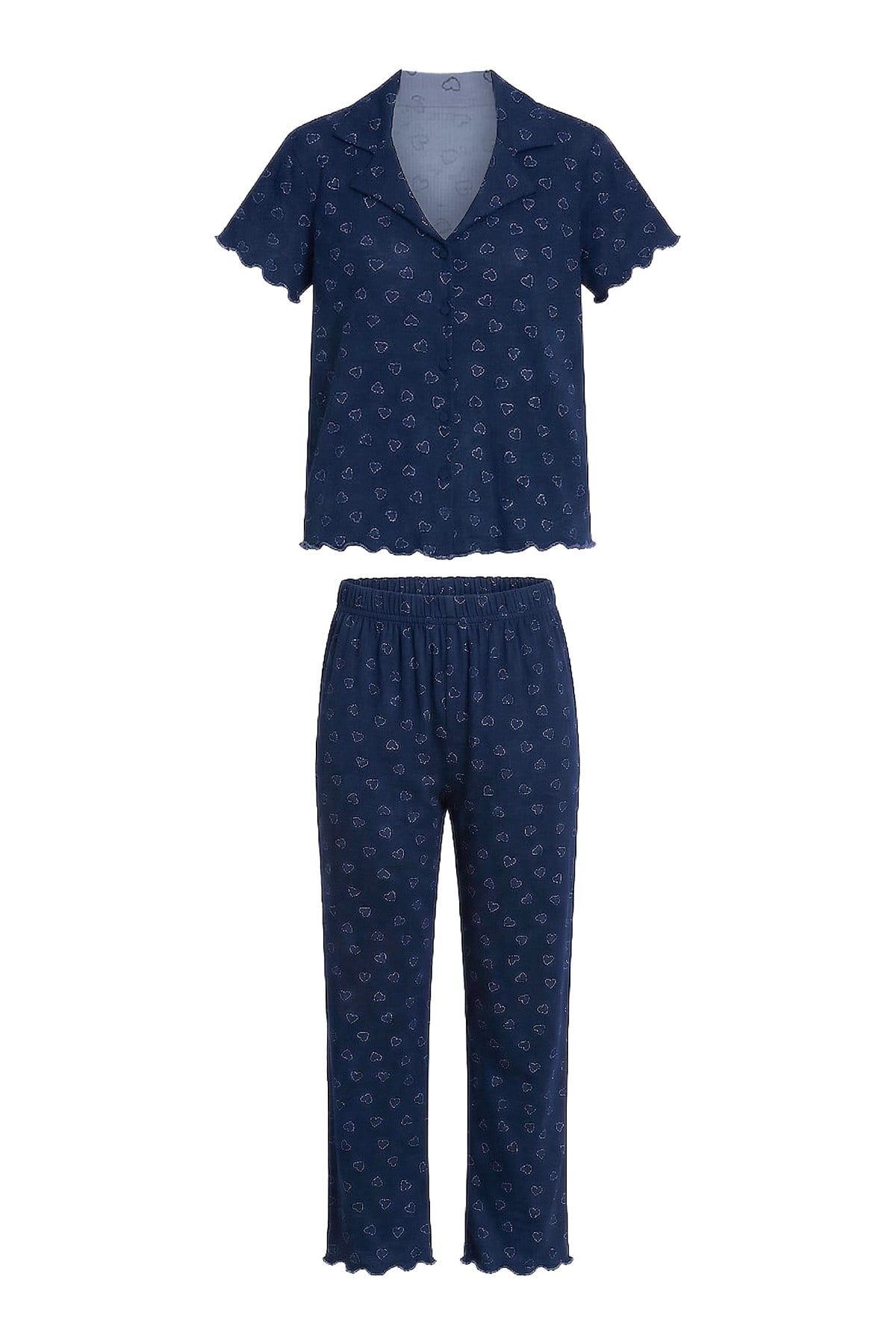 Lacivert Kalp Desenli Pointel Gömlek Yaka Kadın Pijama Takımı