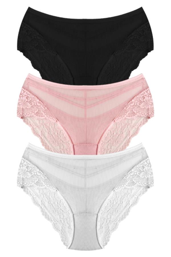 Transparan Tüllü Dantel ve Taş Detaylı Büyük Beden Kadın Bikini Külot 3lü Paket-2