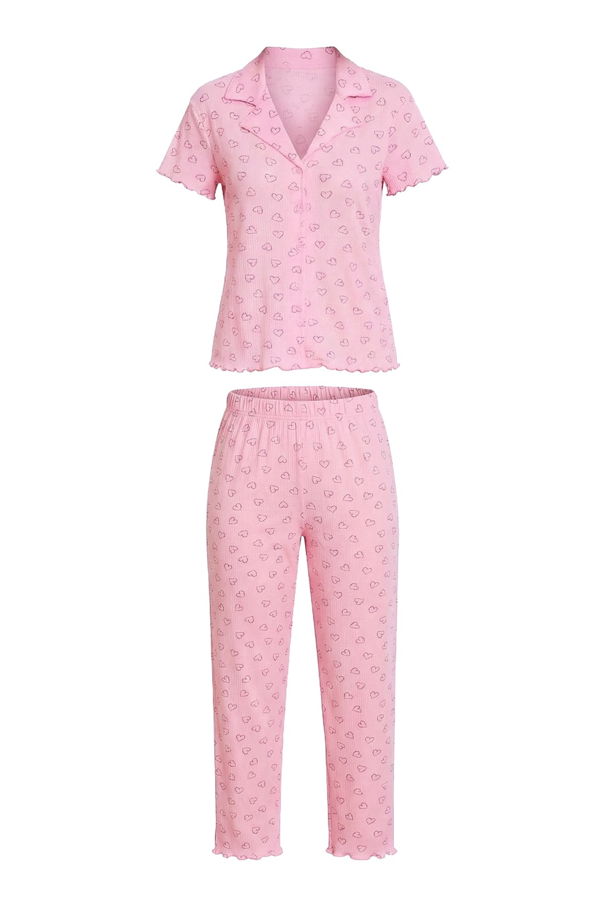 Pudra Kalp Desenli Pointel Gömlek Yaka Kadın Pijama Takımı