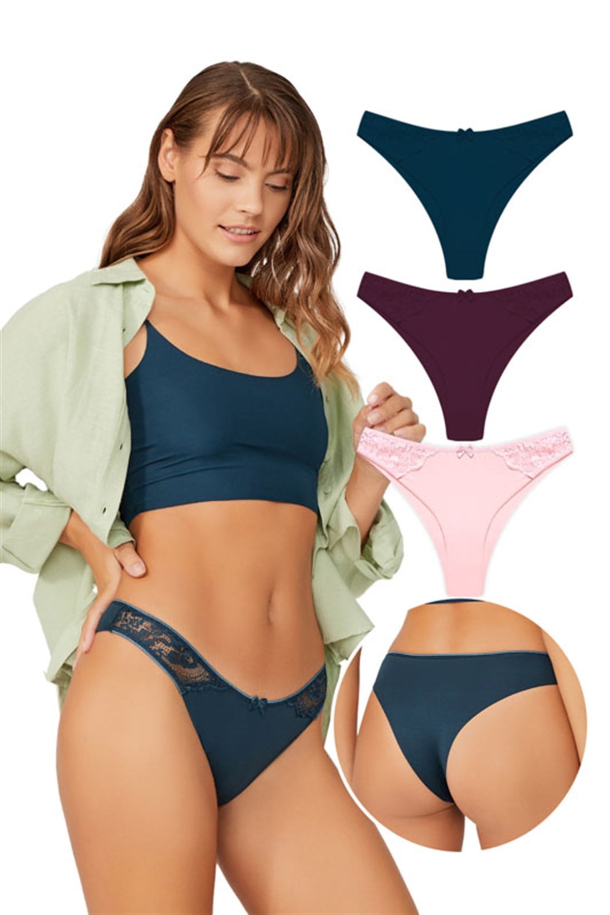 Basic Lazer Kesim Dantel Detaylı Brezilya 3lü Paket Külot - 2