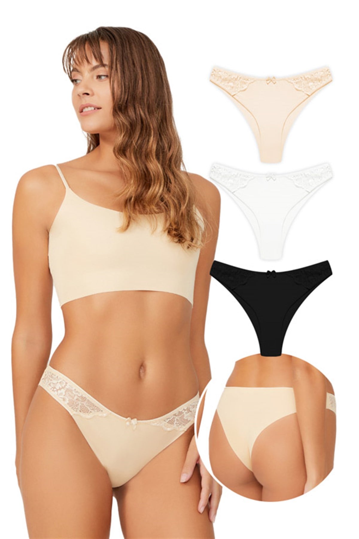 Basic Lazer Kesim Dantel Detaylı Brezilya 3lü Paket Külot