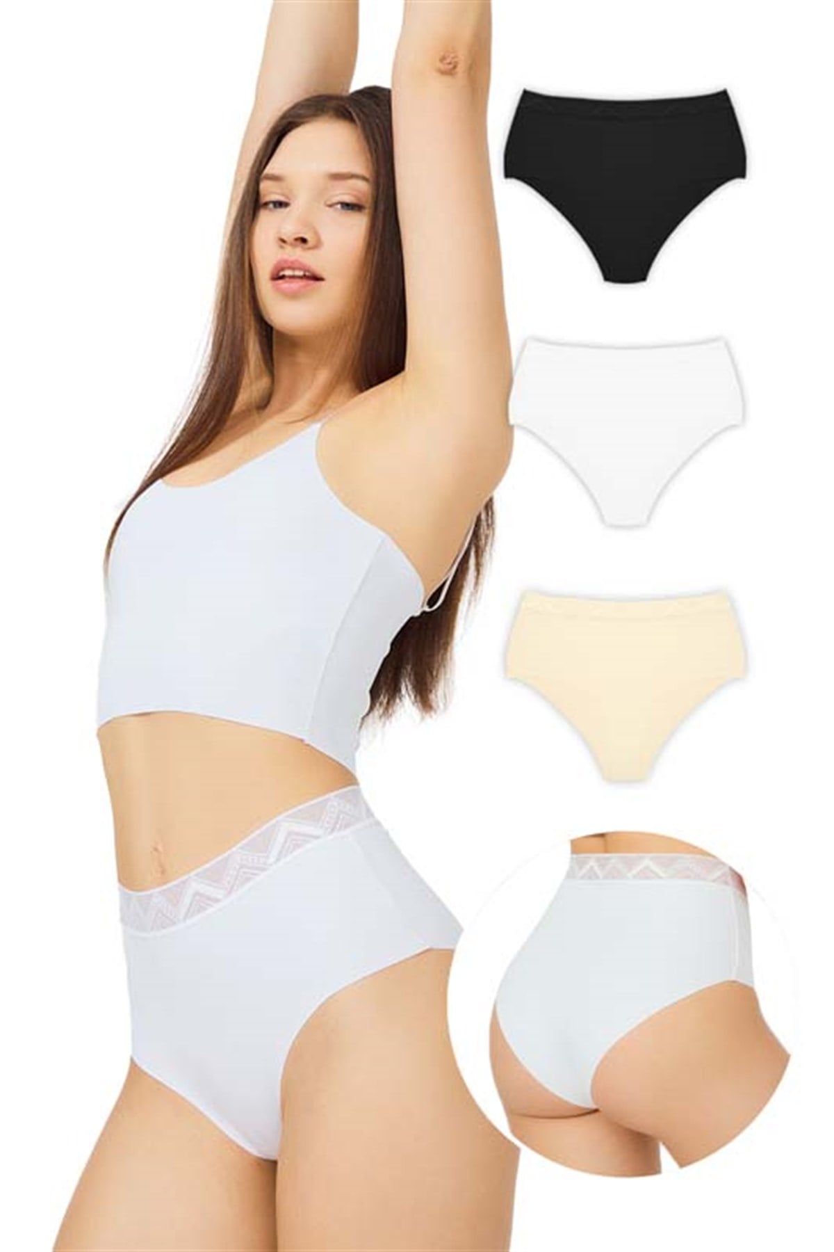 Basic Yüksek Bel Lazer Kesim Bikini Külot 3lü Paket - 3