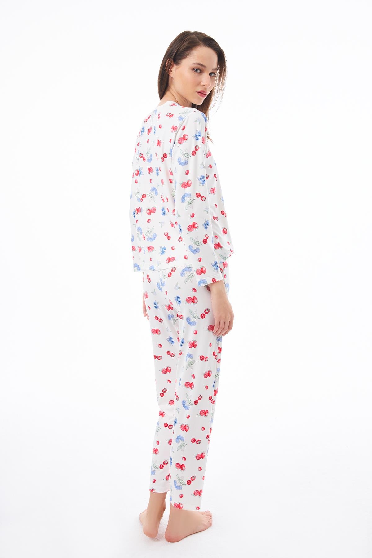 Premium  Kadın Pijama Takımı Meyve Desenli Yumuşak Dokulu Bisiklet Yaka Uzun Kollu