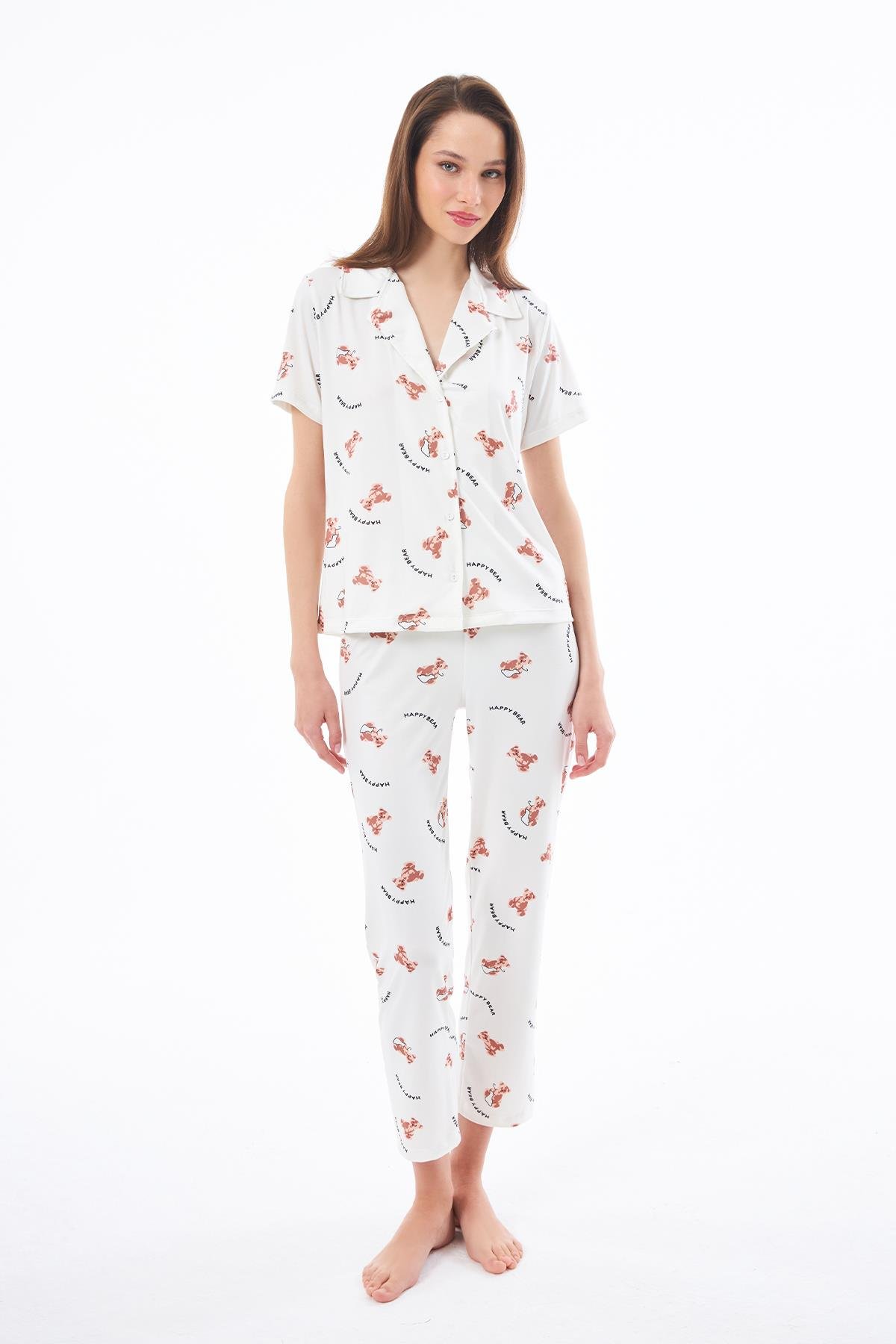 Premium Kadın Pijama Takımı Ayıcık Desenli Yumuşak Dokulu Kısa Kollu Gömlek Yaka