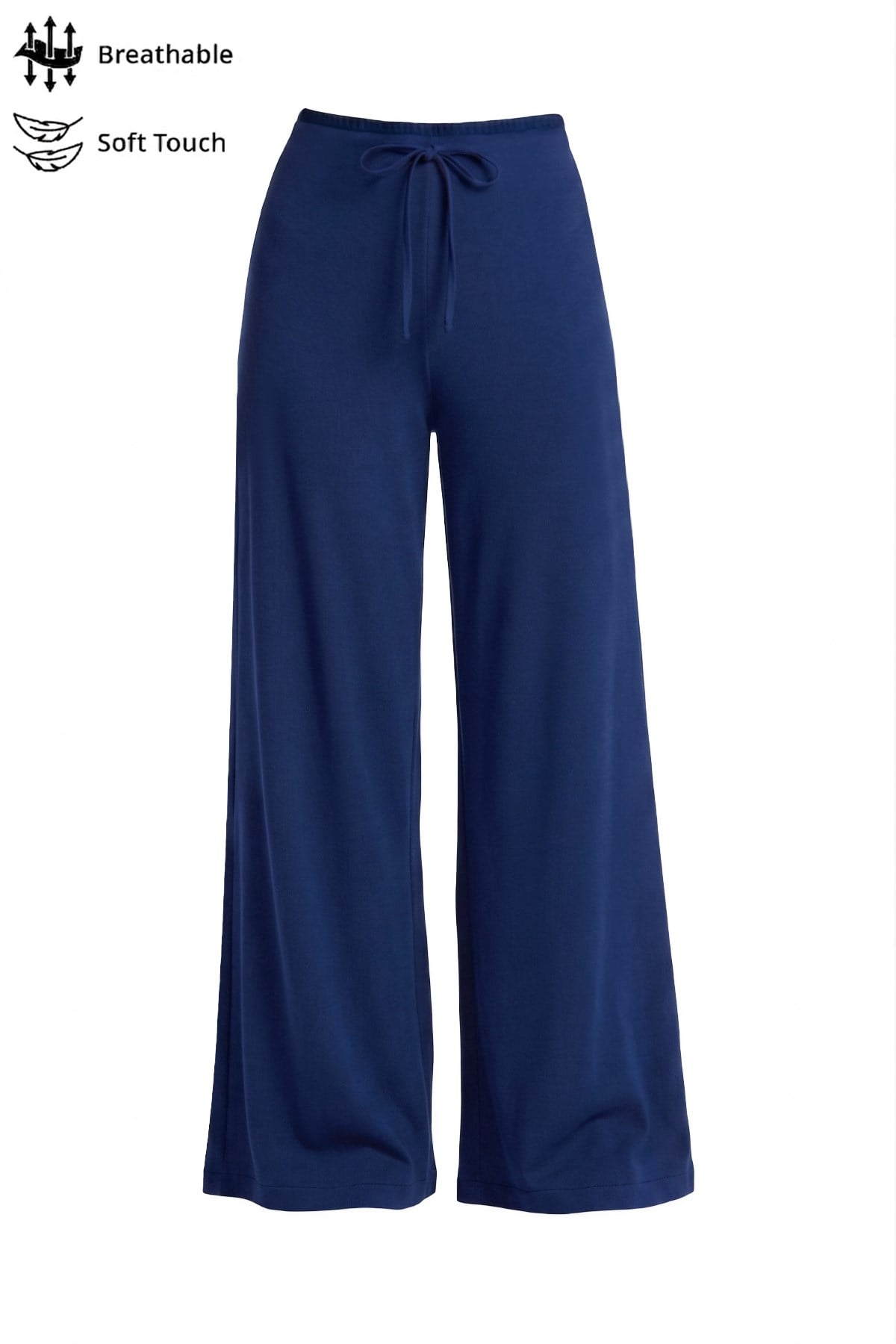 Lacivert Viskon Basic Yüksek Bel Bol Paça Bağcıklı Kadın Pantolon