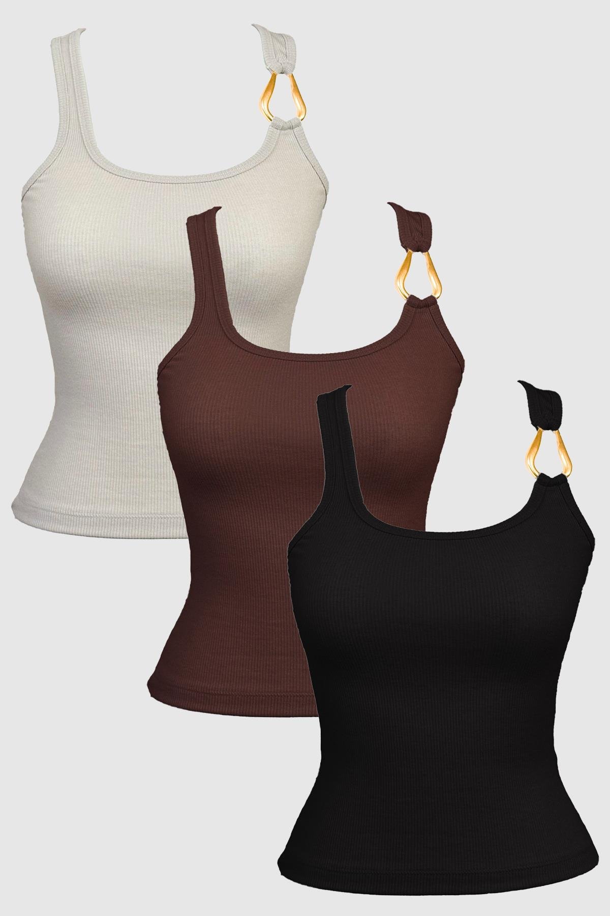 Pamuklu Kalın Askılı Fitilli Toka Detaylı Kadın Atlet 3lü Paket