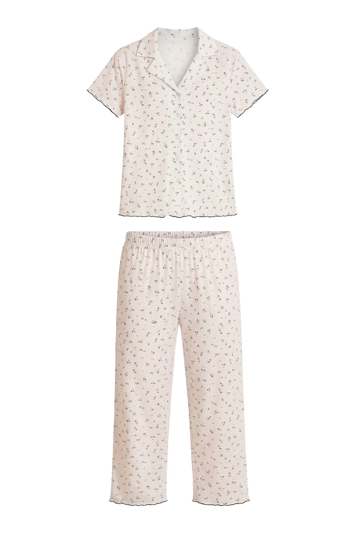Beyaz Çiçek Desenli Pointel Gömlek Yaka Kadın Pijama Takımı