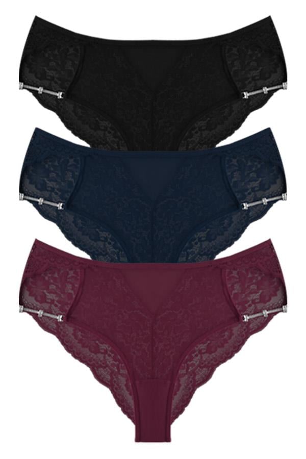 Transparan Tüllü Dantel ve Zincir Detaylı Büyük Beden Kadın Bikini Külot 3lü Paket-2