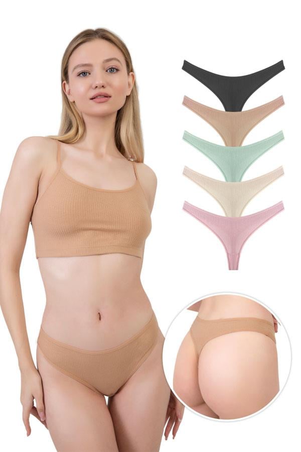 Kadın Pamuklu ve Likrali Fitilli Kaşkorse Tanga Külot 5li Paket