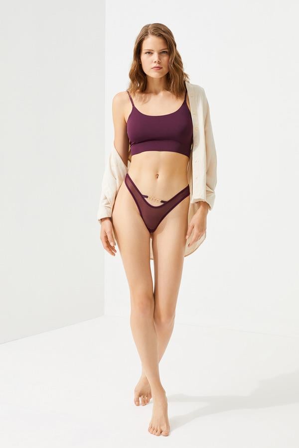 Tüllü Transparan Zincir Detaylı Kadın Brezilya Külot 3lü Paket