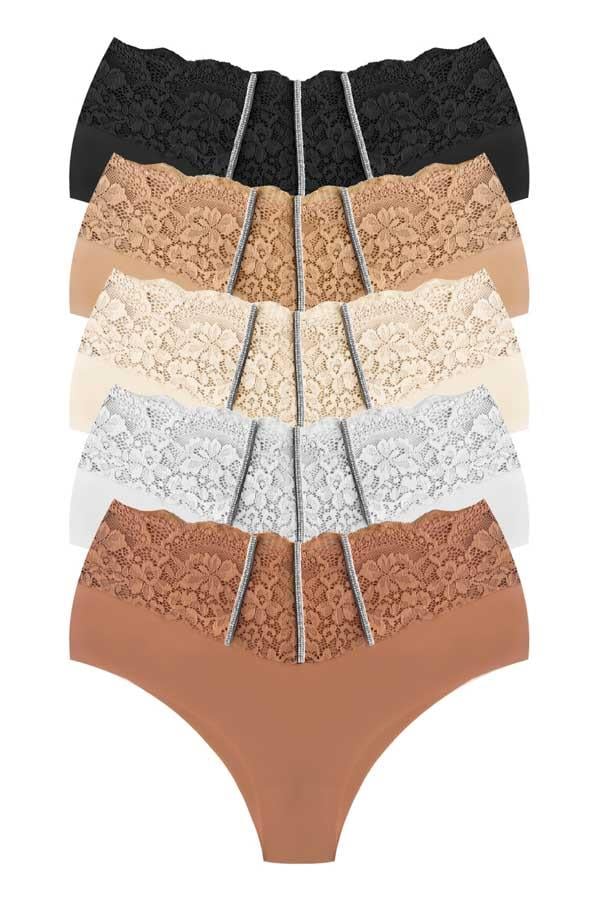 Dantel ve Taş Detaylı Lazer Kesim Büyük Beden Kadın Bikini Külot 5li Paket