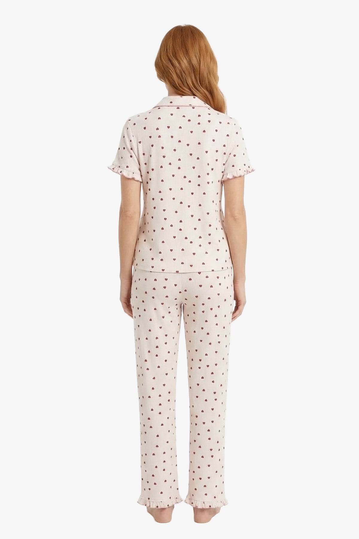 Krem Kalp Desenli Bürümcük Gömlek Yaka Kadın Pijama Takımı