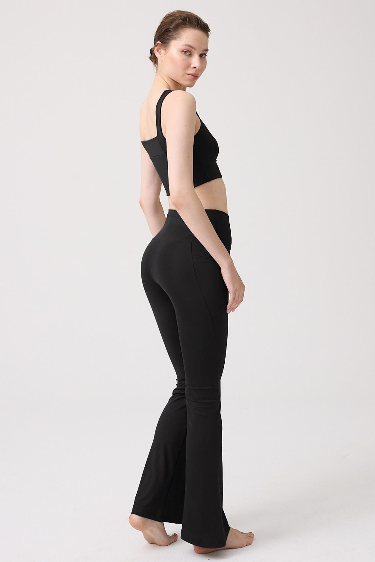 Siyah Şardonlu Yüksek Bel İspanyol Paça Kadın Tayt