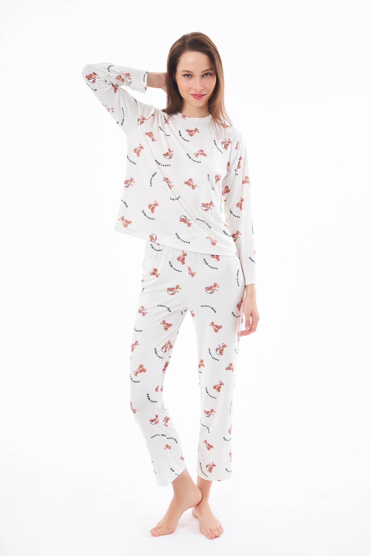 Premium  Kadın Pijama Takımı Ayıcık Desenli Yumuşak Dokulu Bisiklet Yaka Uzun Kollu