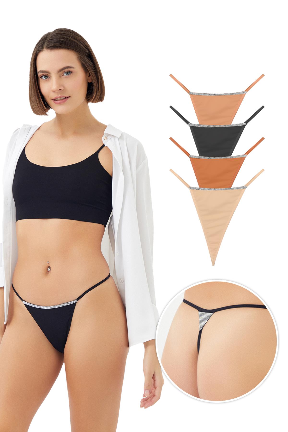 Mikro Saten Ön ve Arka Taş Detaylı Kadın String Külot 4lü Paket