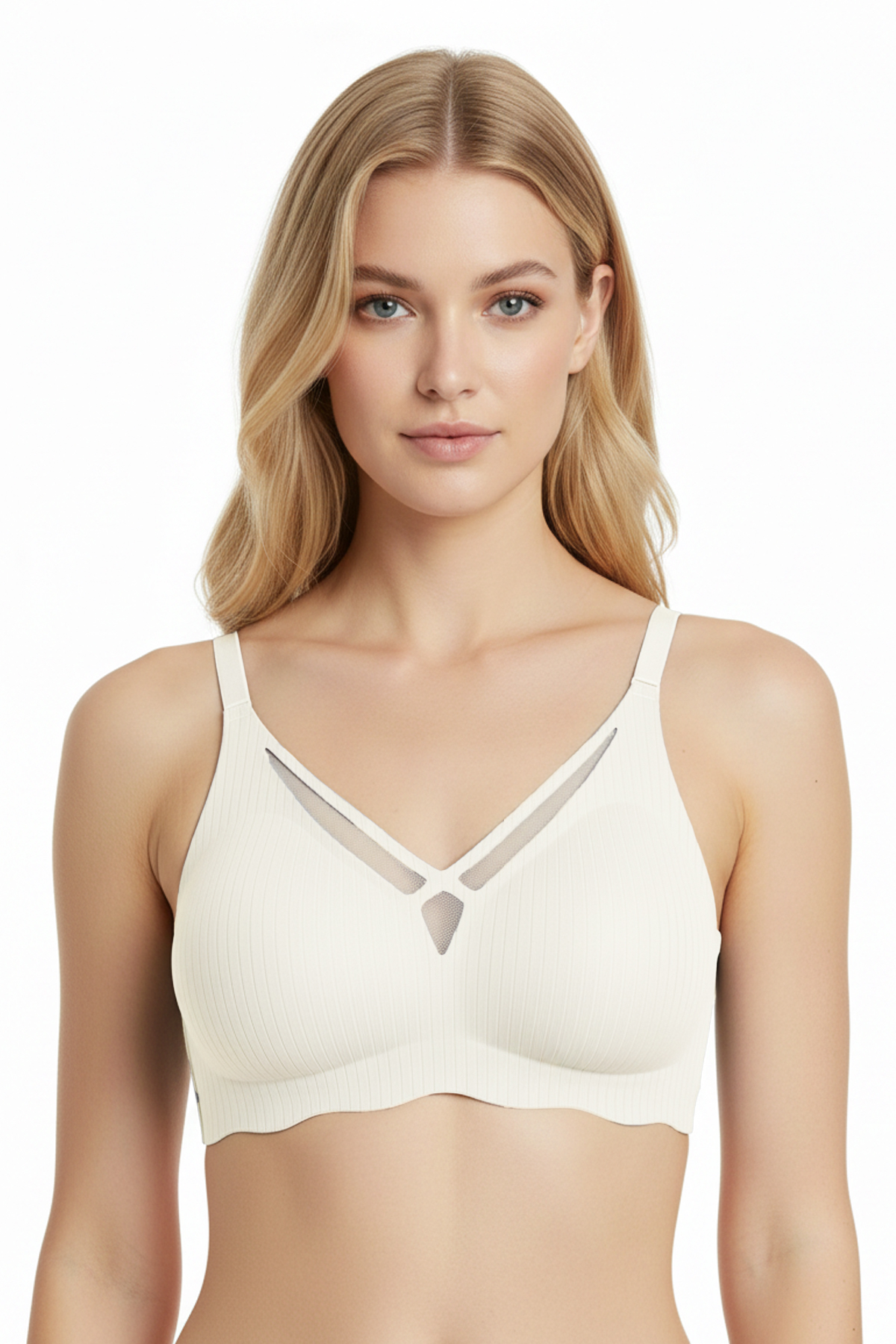Seamless Bra - Liny | Krem Lazer Kesim Dikişsiz Çizgi Desenli Dekolteli Kadın Sütyen