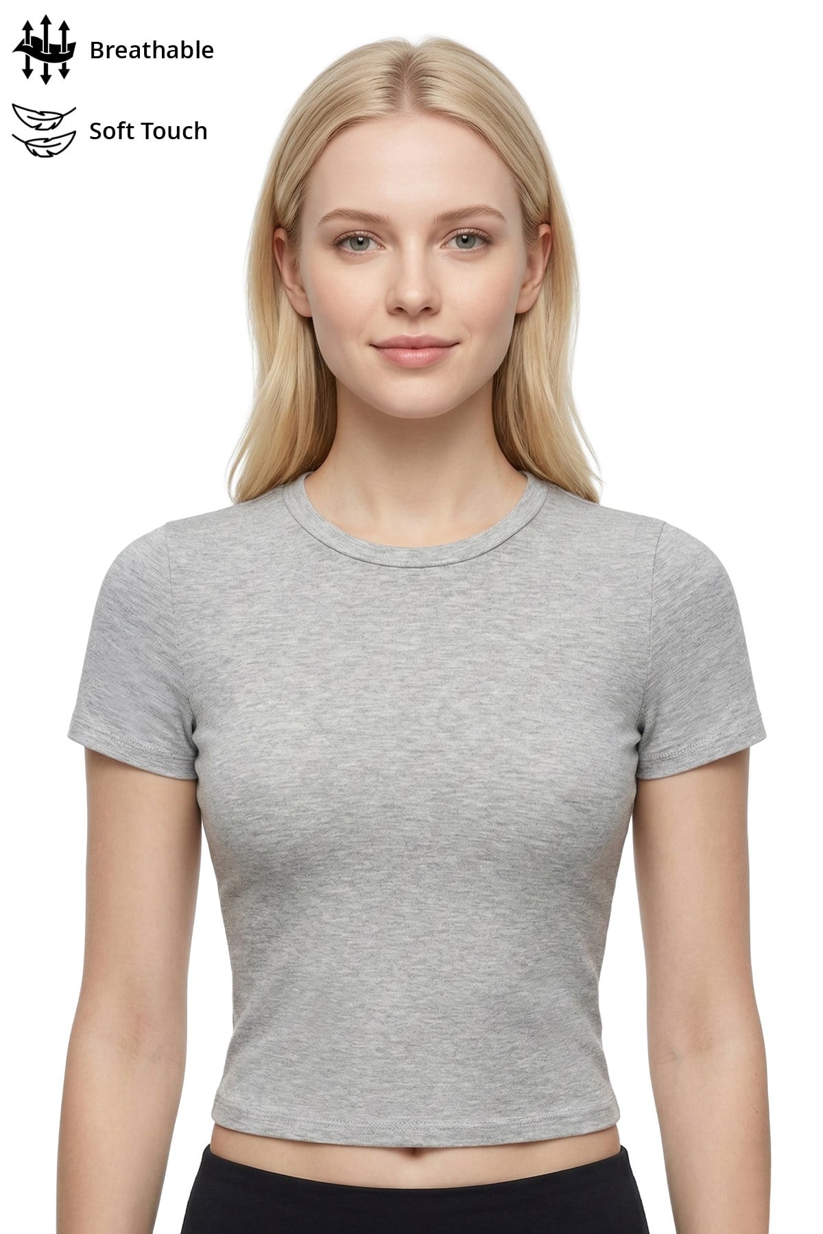 Gri Melanj Viskon Bedene Oturan Bisiklet Yaka Kısa Kollu Kadın Crop Tişört