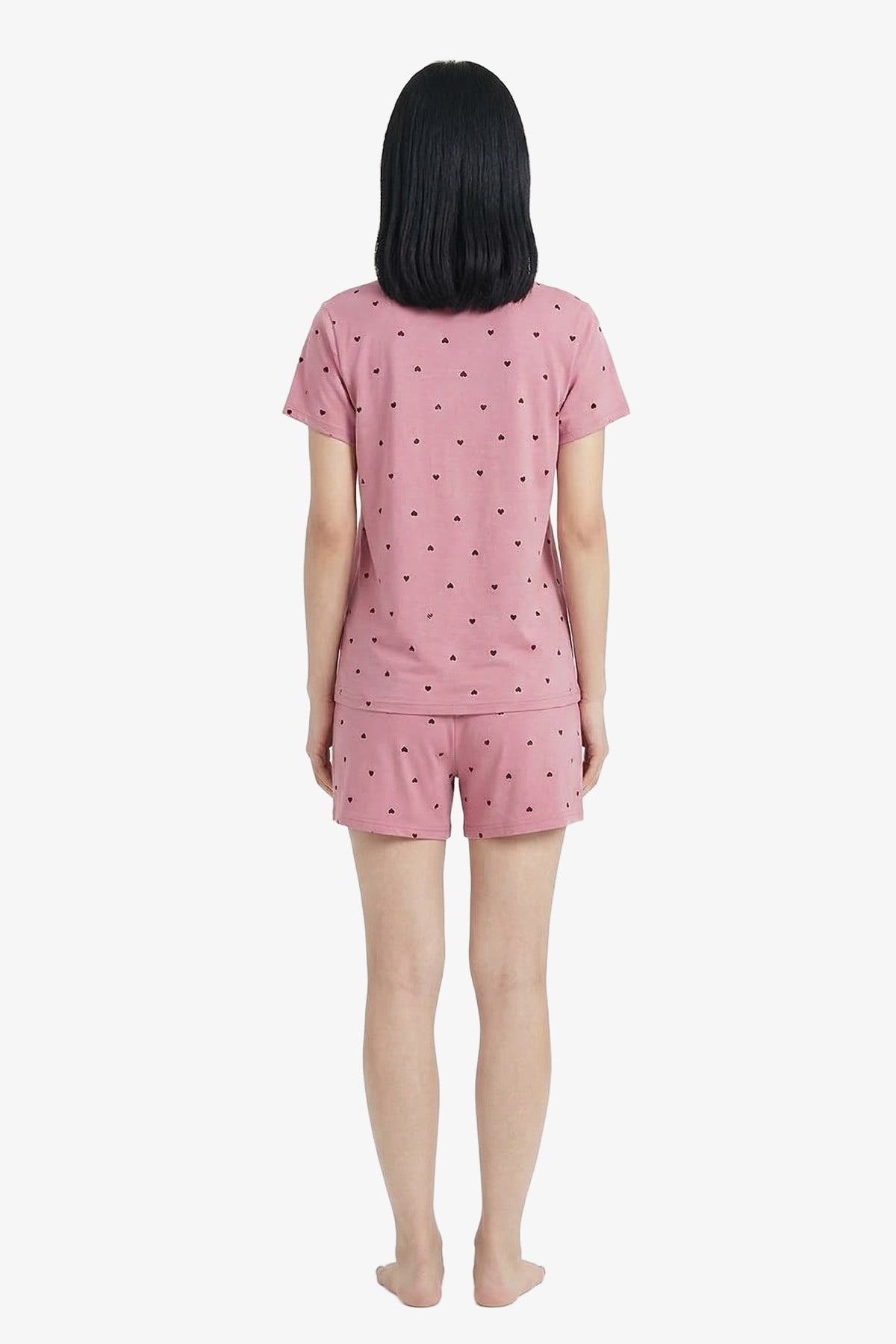 Pembe Kalp Desenli Yumuşak Dokulu Gömlek Yaka Kadın Şortlu Pijama Takımı