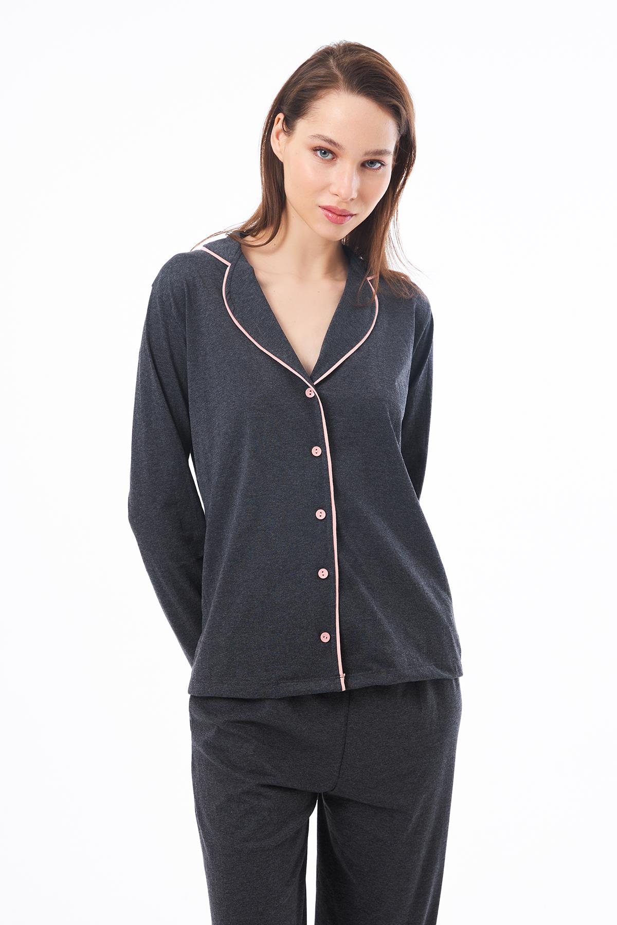 Antrasit Önden Düğmeli Pamuklu Kadın Pijama Takımı
