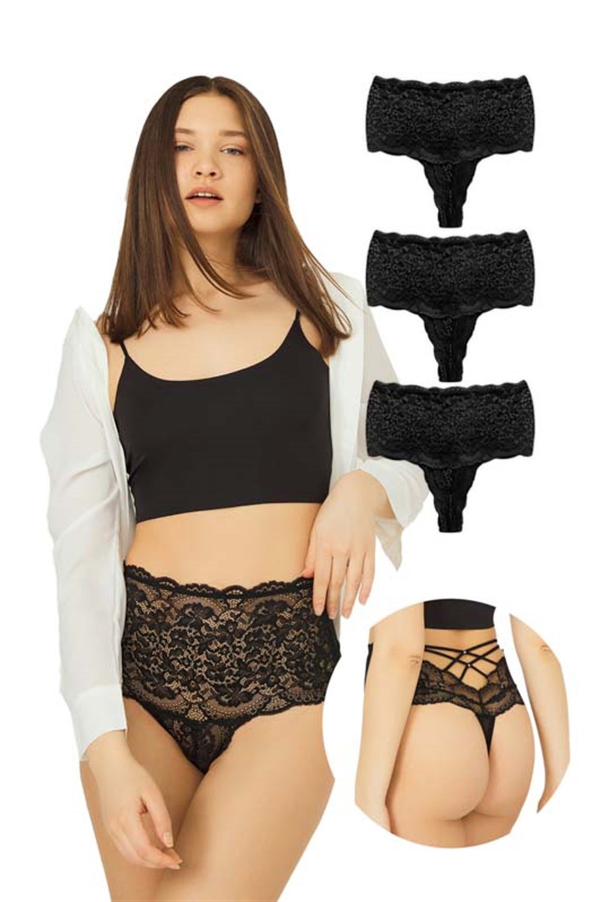 Dantelli Lastik Detaylı Yüksek Bel Kadın Tanga 3lü Paket Külot - 3