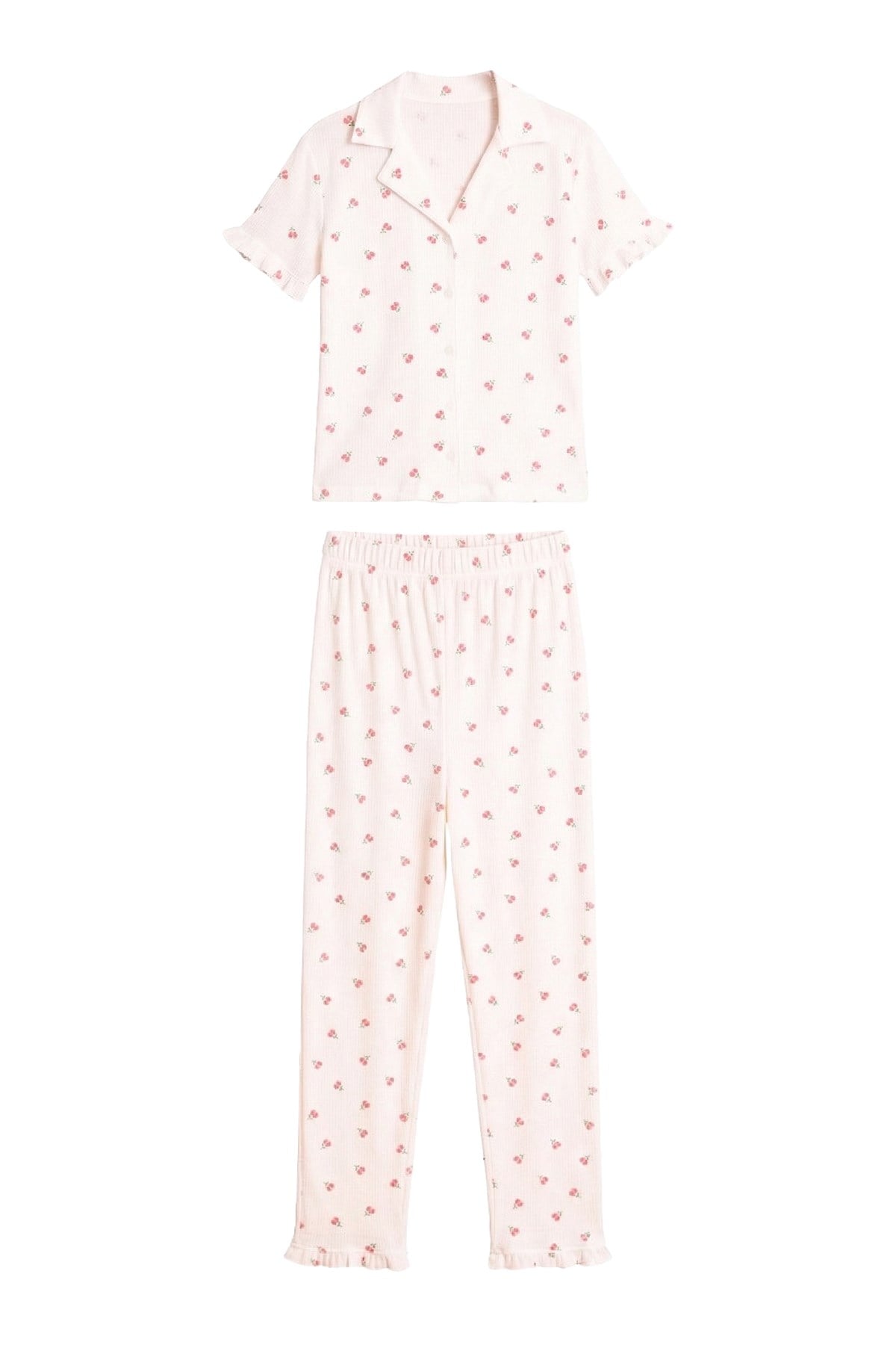 Beyaz Çiçek Desenli Bürümcük Gömlek Yaka Kadın Pijama Takımı