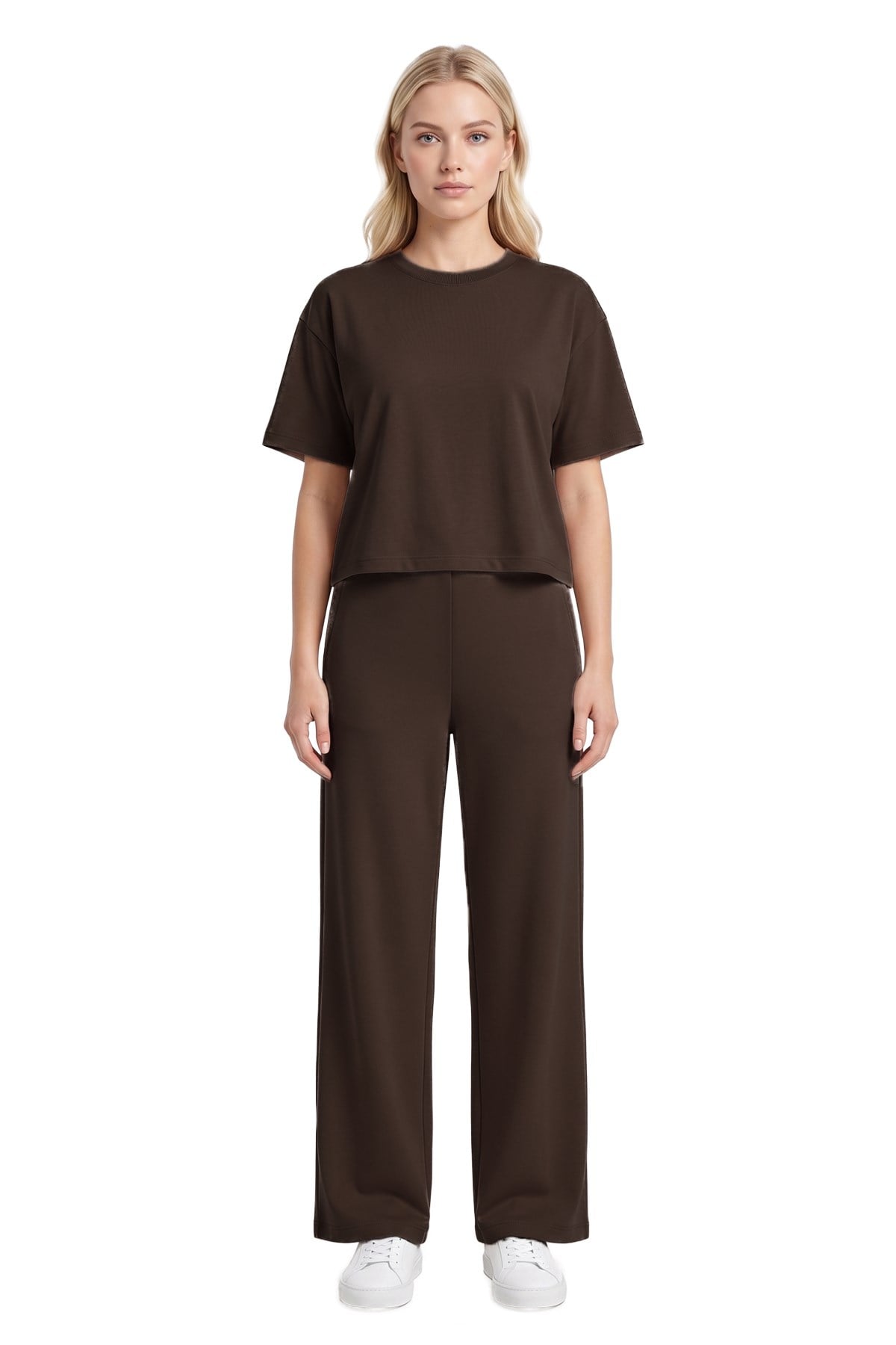 Premium - Sway Collection | Kahverengi Basic Yüksel Bel Modal Bol Paça Kadın Pantolon