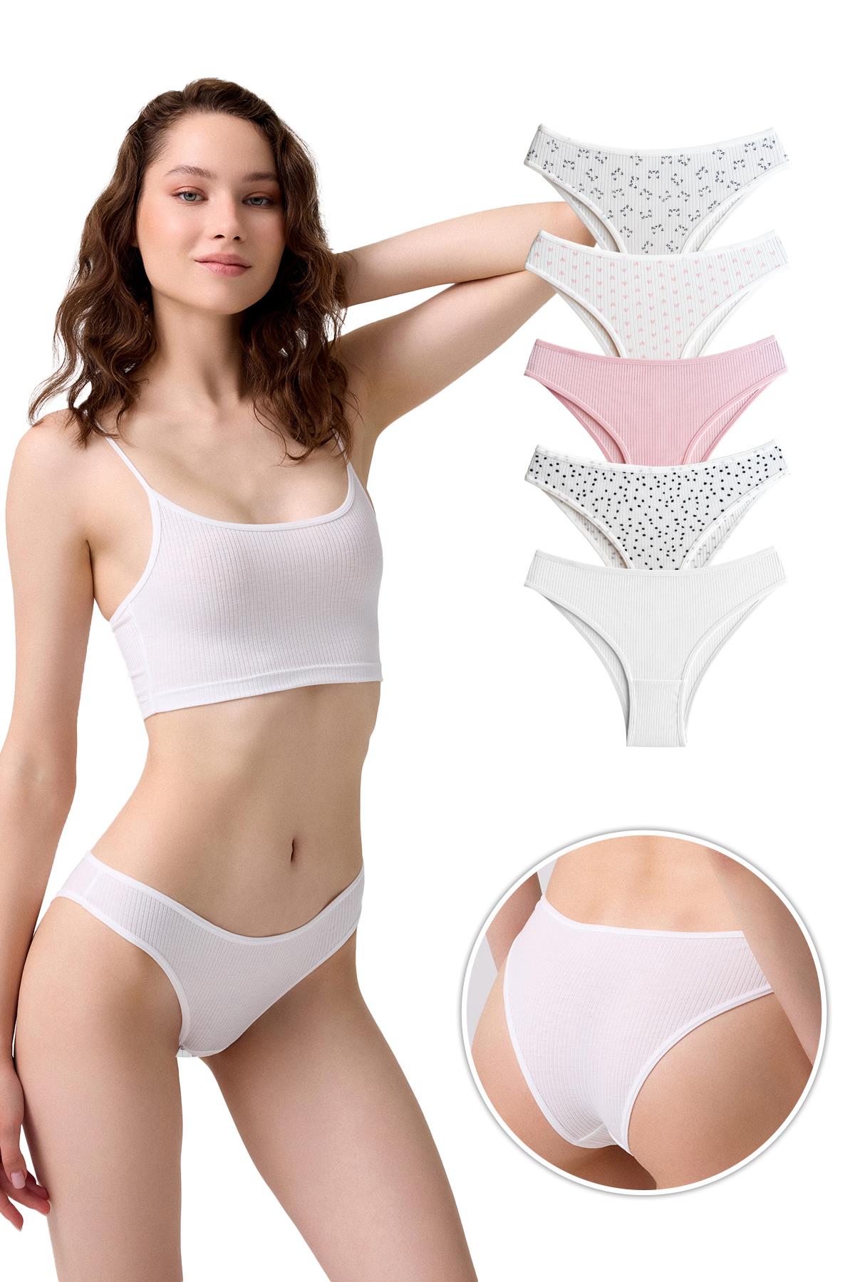 Pamuklu Desenli Kaşkorse Kadın Brezilya Külot 5li Paket