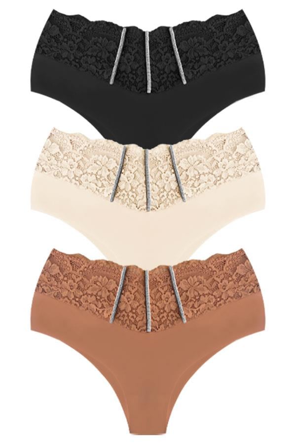 Dantel ve Taş Detaylı Lazer Kesim Büyük Beden Kadın Bikini Külot 3lü Paket
