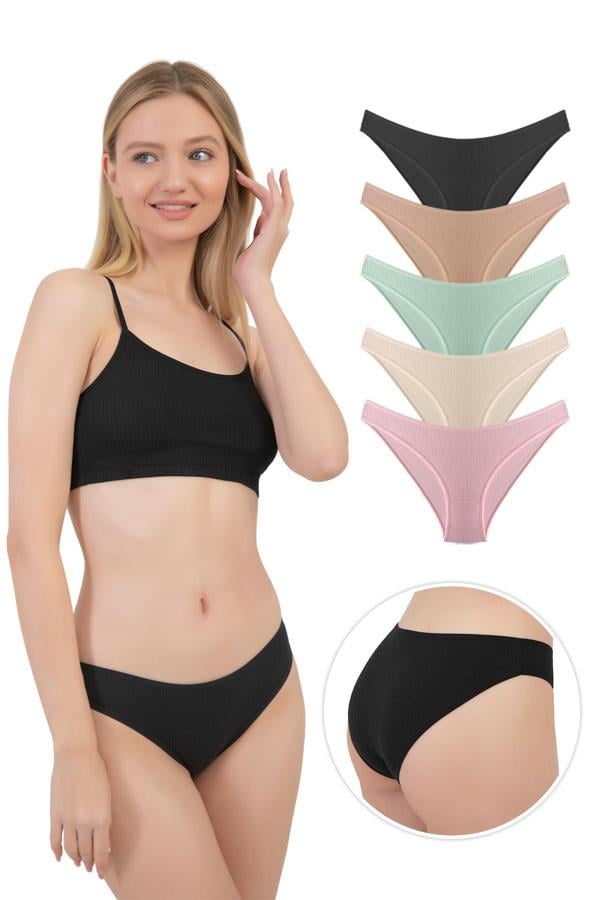 Kadın Pamuklu ve Likralı Fitilli Kaşkorse Bikini Külot 5li Paket