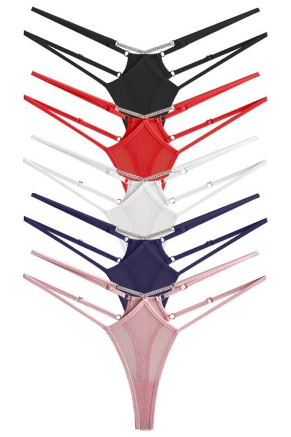 Tül Transparan Ayarlanabilir Lastikli Taş Detaylı Kadın Tanga Külot 5li Paket