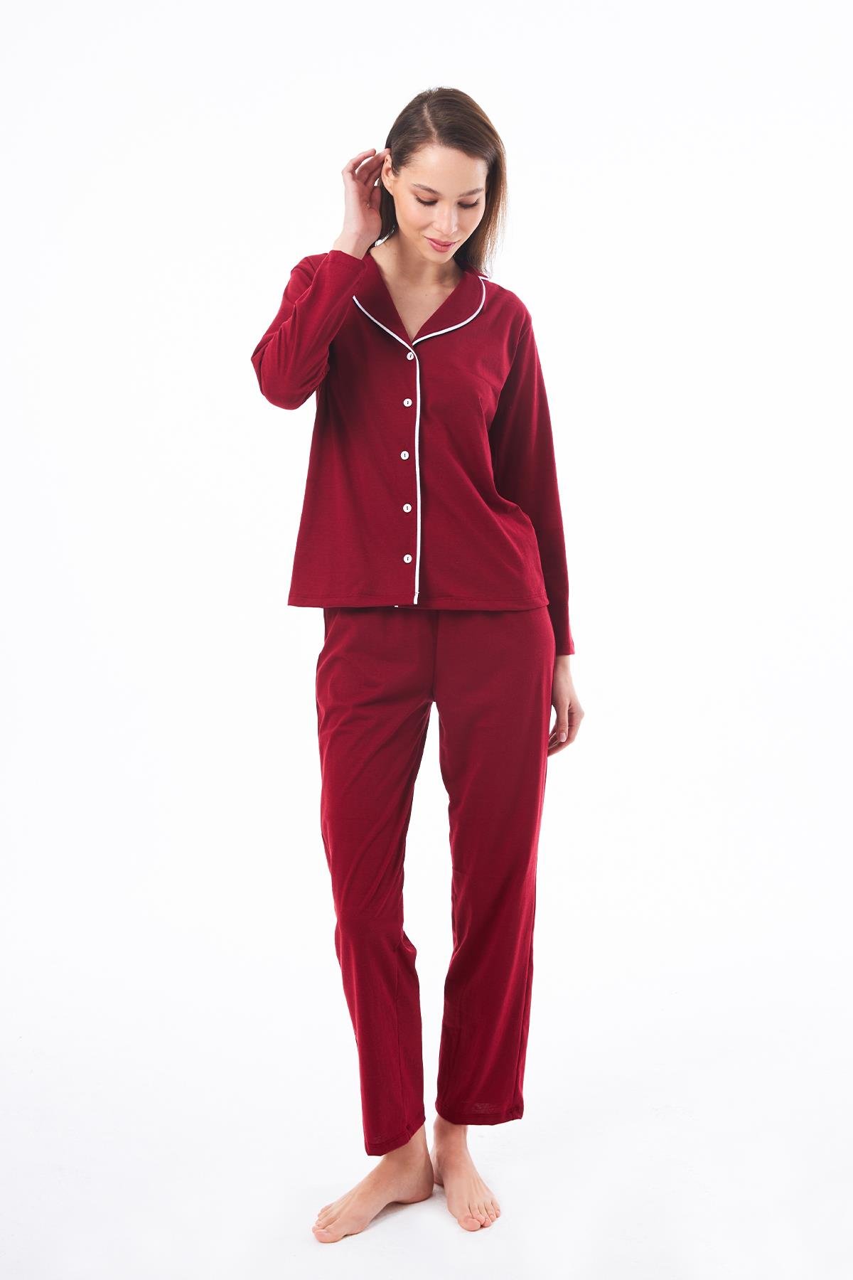 Bordo Önden Düğmeli Pamuklu Kadın Pijama Takımı