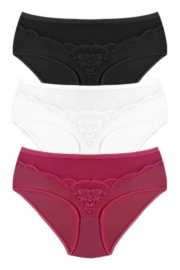Transparan Tüllü Dantel Detaylı Beli Lastikli Büyük Beden Kadın Bikini Külot 3lü Paket-2
