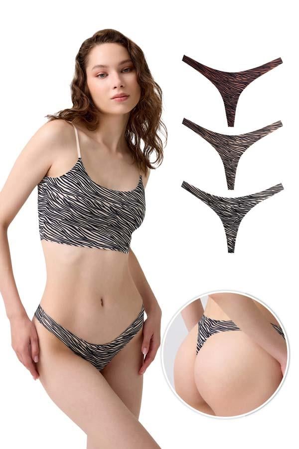 Basic Desenli Lazer Kesim Kadın Tanga Külot 3lü Paket-1