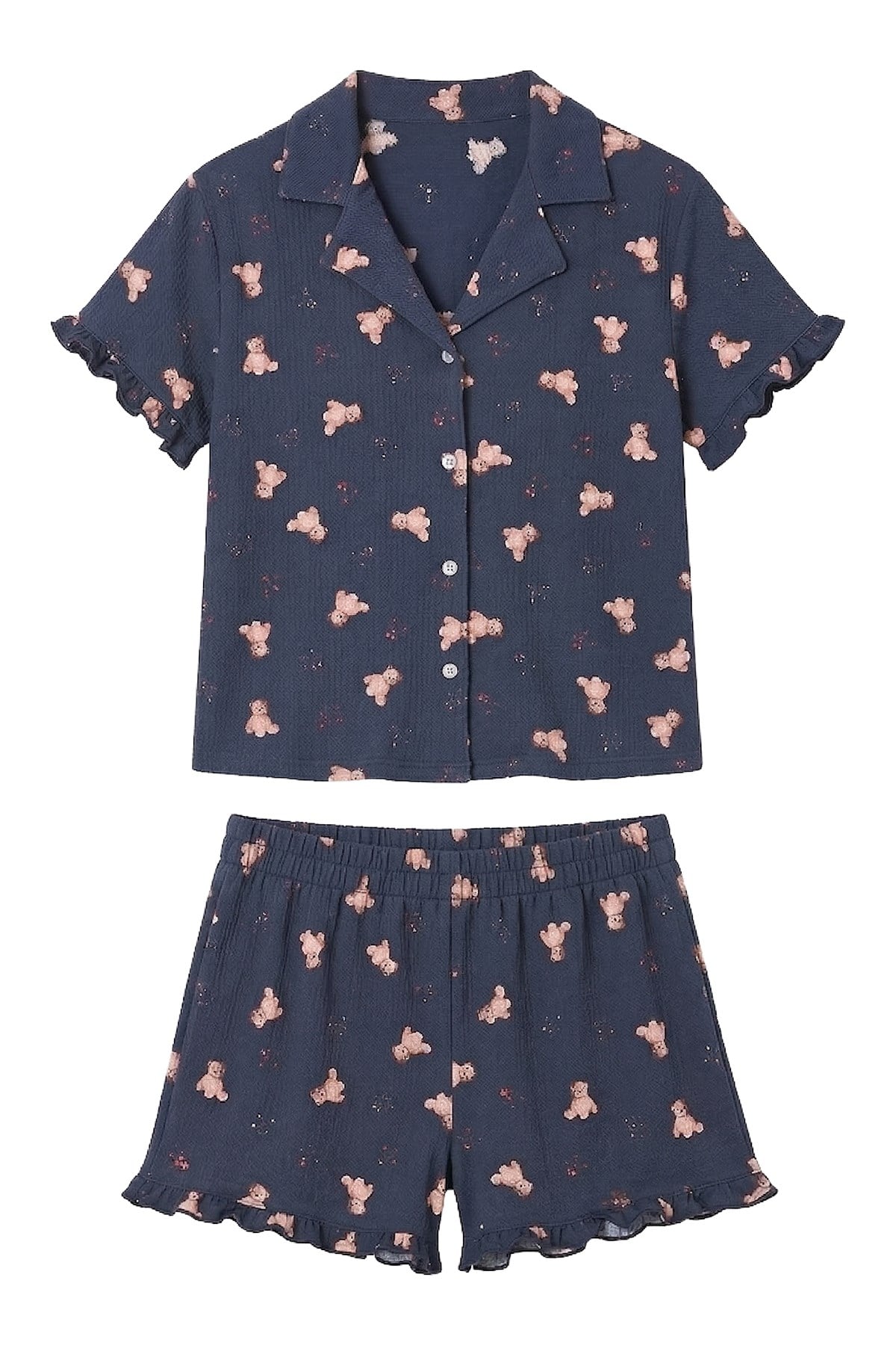 Lacivert Ayıcık Desenli Bürümcük Gömlek Yaka Kadın Şortlu Pijama Takımı