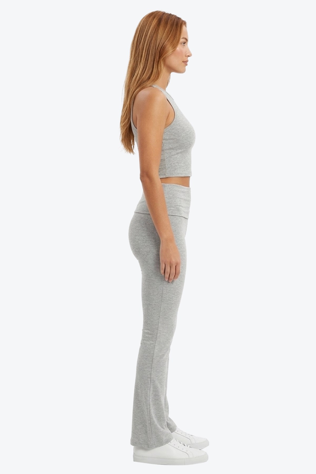 Gri Melanj Viskon Yüksek Bel Kemer Detaylı İspanyol Paça Kadın Pantolon Flared