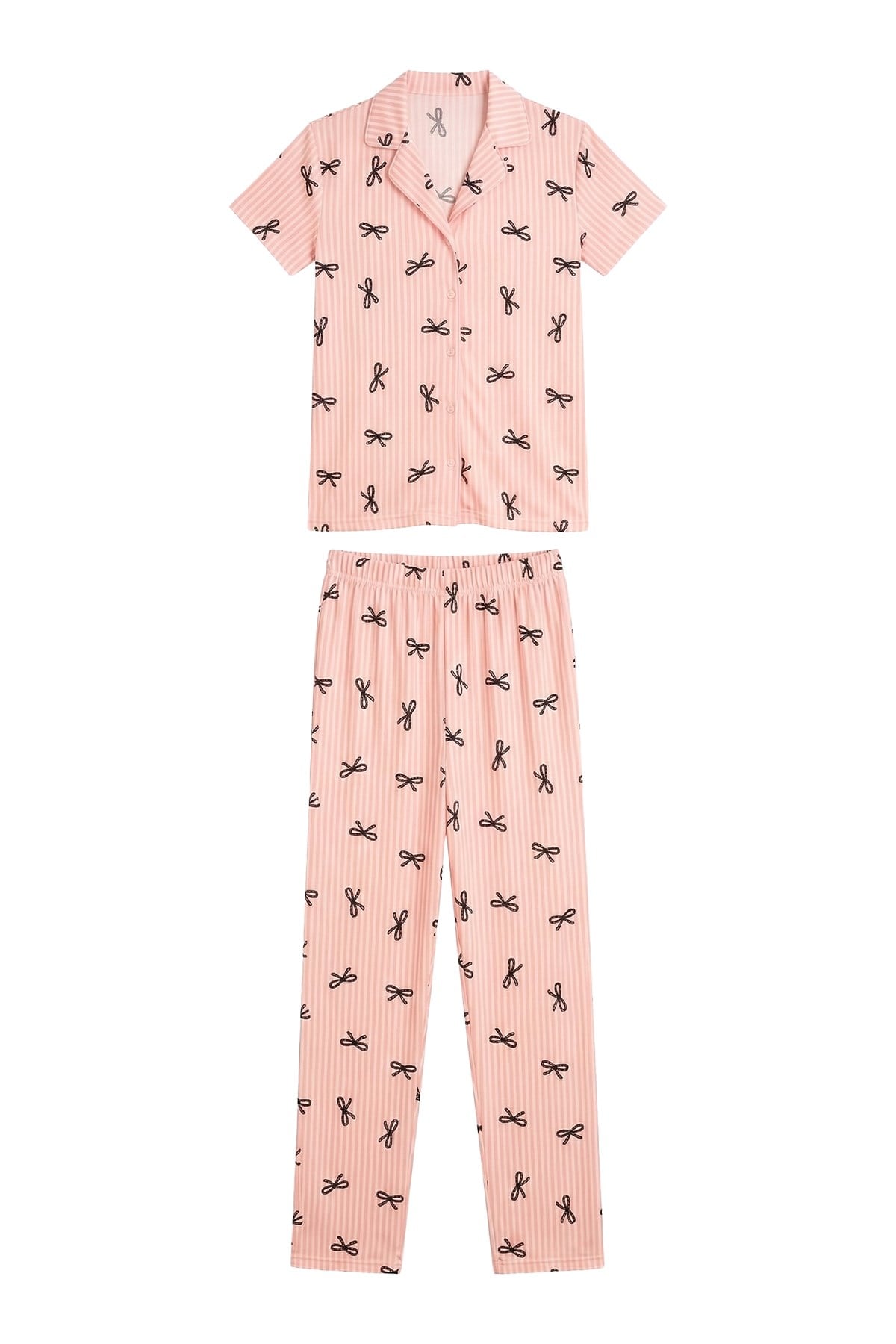 Pudra Çizgi Desenli Yumuşak Dokulu Gömlek Yaka Kadın Pijama Takımı