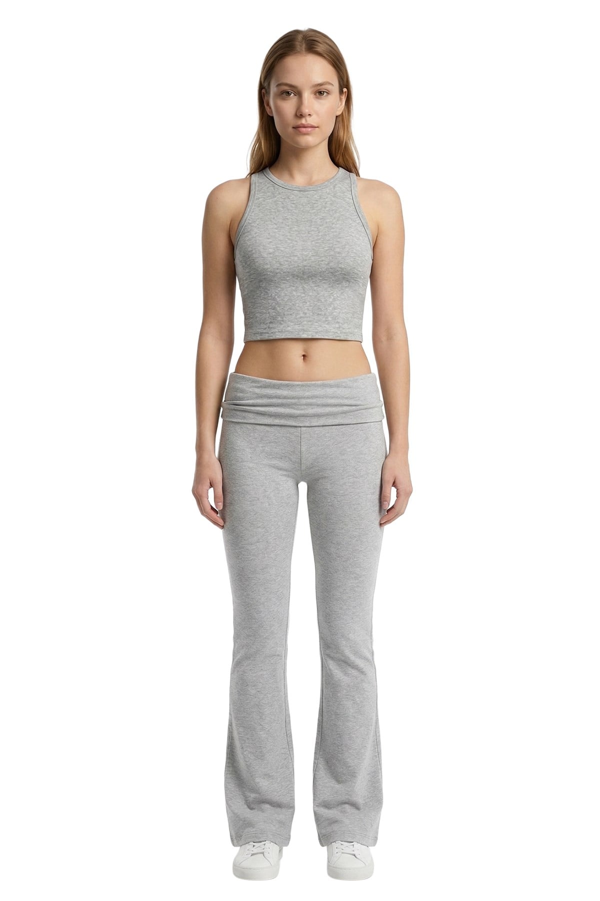 Gri Melanj Viskon Bisiklet Yaka Kolsuz Kadın Crop Atlet
