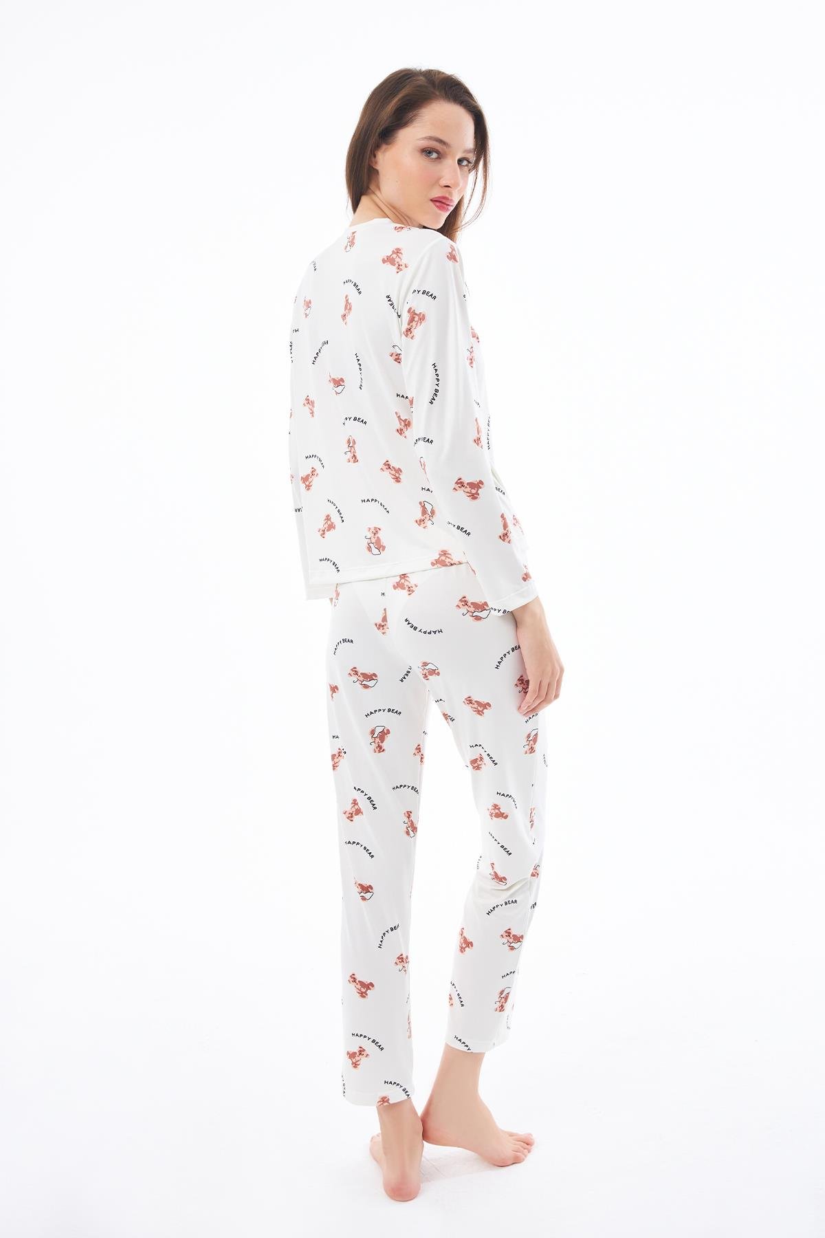 Premium  Kadın Pijama Takımı Ayıcık Desenli Yumuşak Dokulu Bisiklet Yaka Uzun Kollu