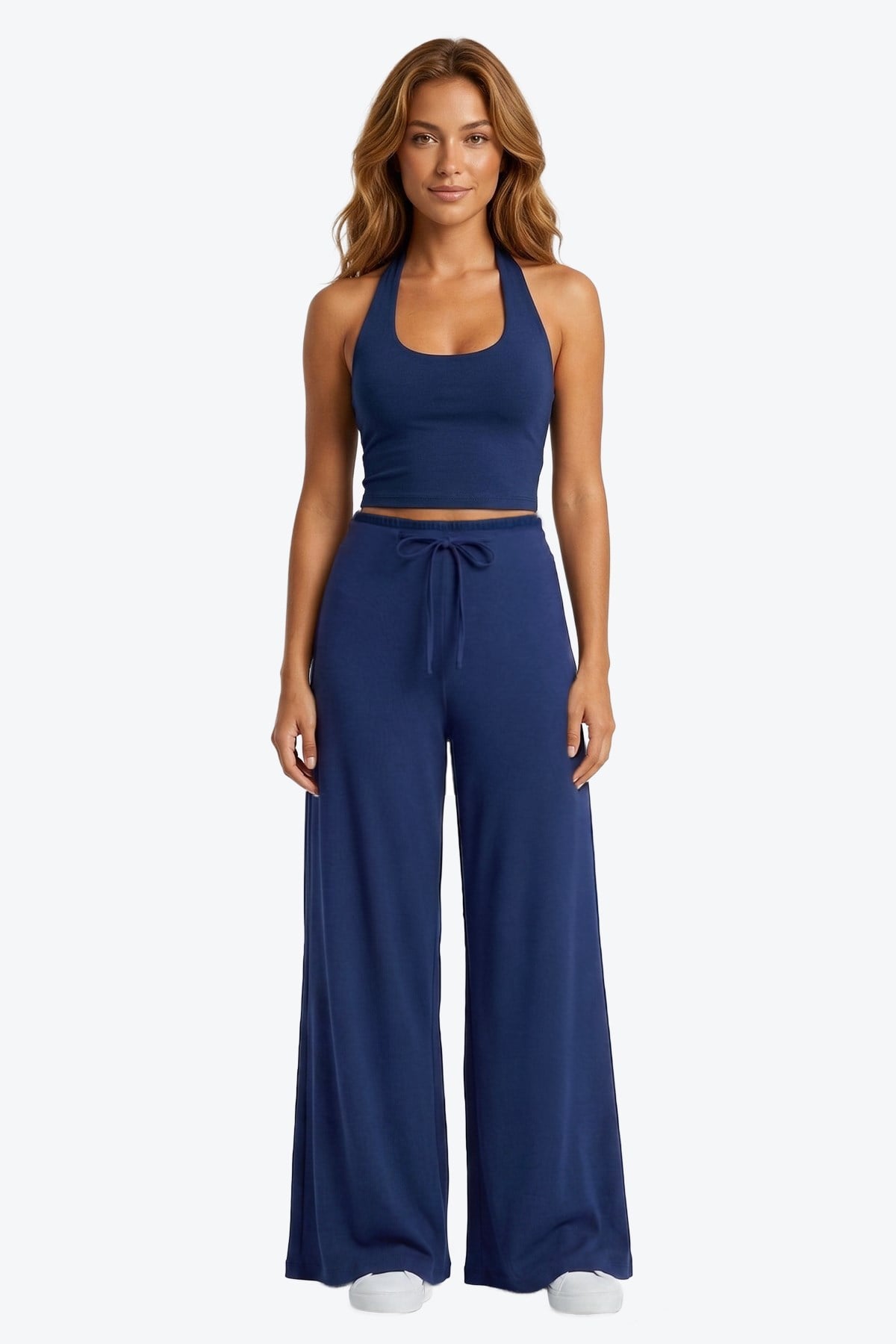 Lacivert Viskon Basic Yüksek Bel Bol Paça Bağcıklı Kadın Pantolon