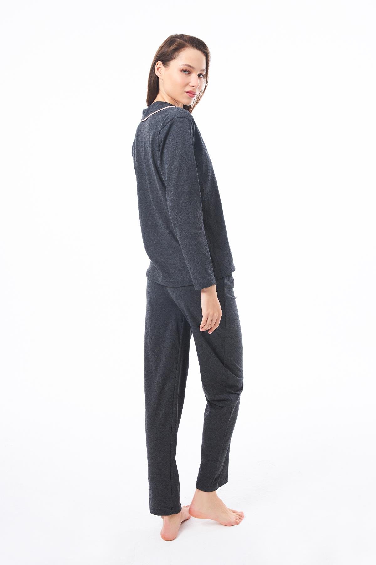 Antrasit Önden Düğmeli Pamuklu Kadın Pijama Takımı