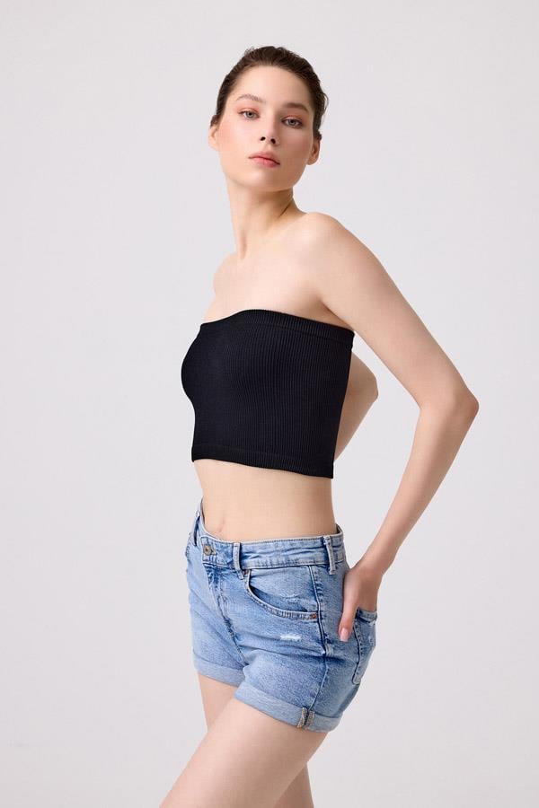 Cottonhill Premium - Kadın Siyah Seamless Straplez Crop Top Büstiyer