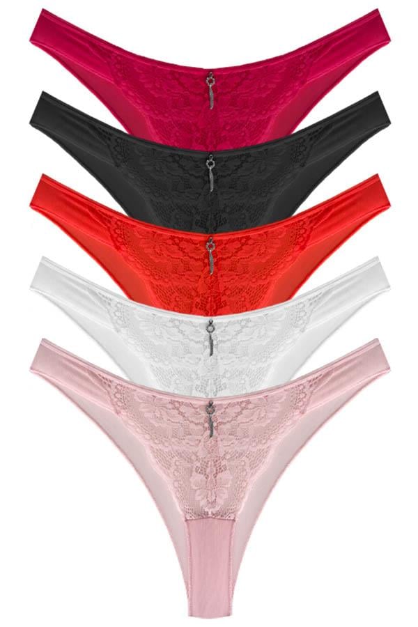 Önü Dantelli Arkası Tül Transparan Taş Detaylı Kadın Brezilya Külot 5li Paket