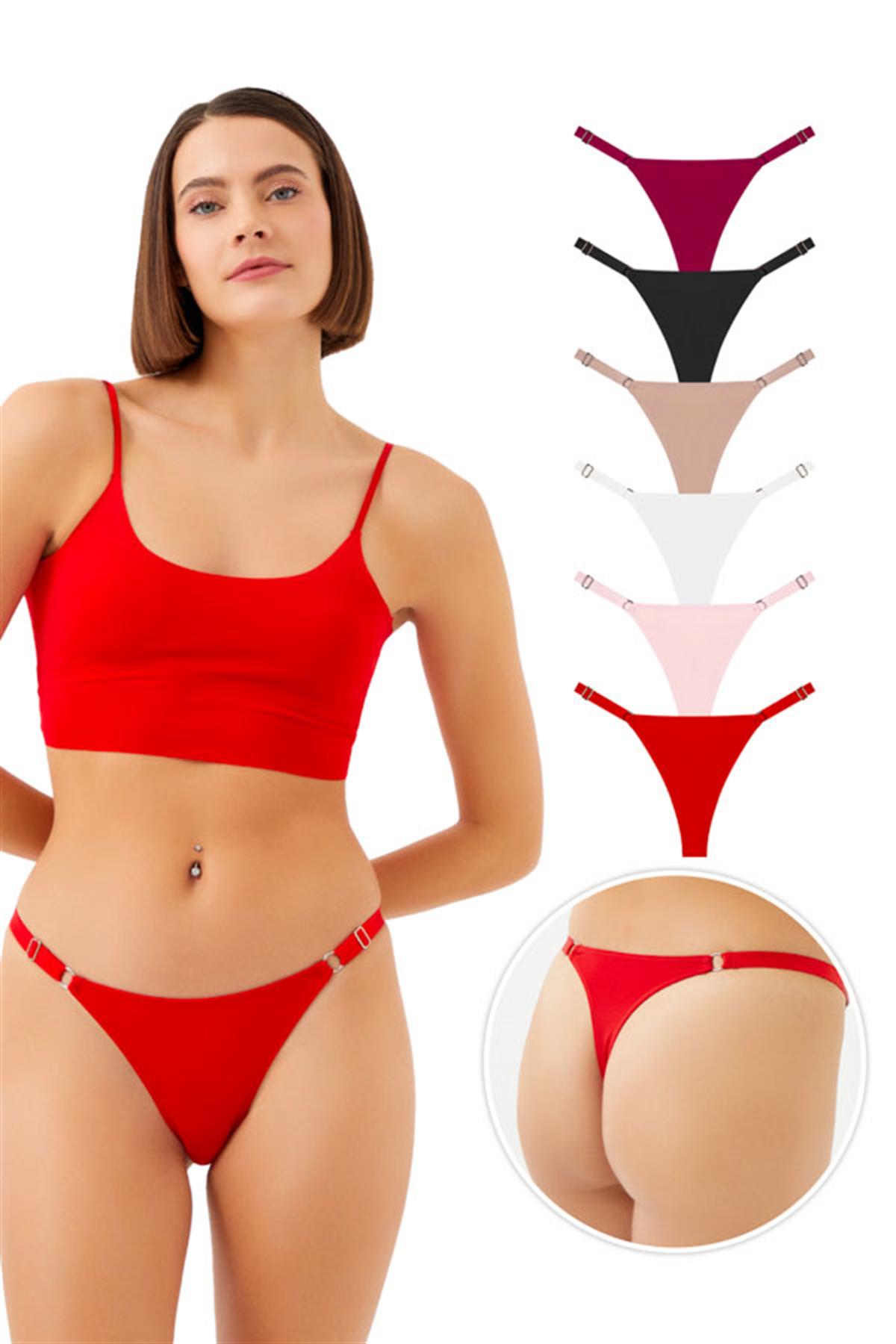 Halka Detaylı Ayarlanabilir Lastikli Kadın Tanga Külot 6lı Paket