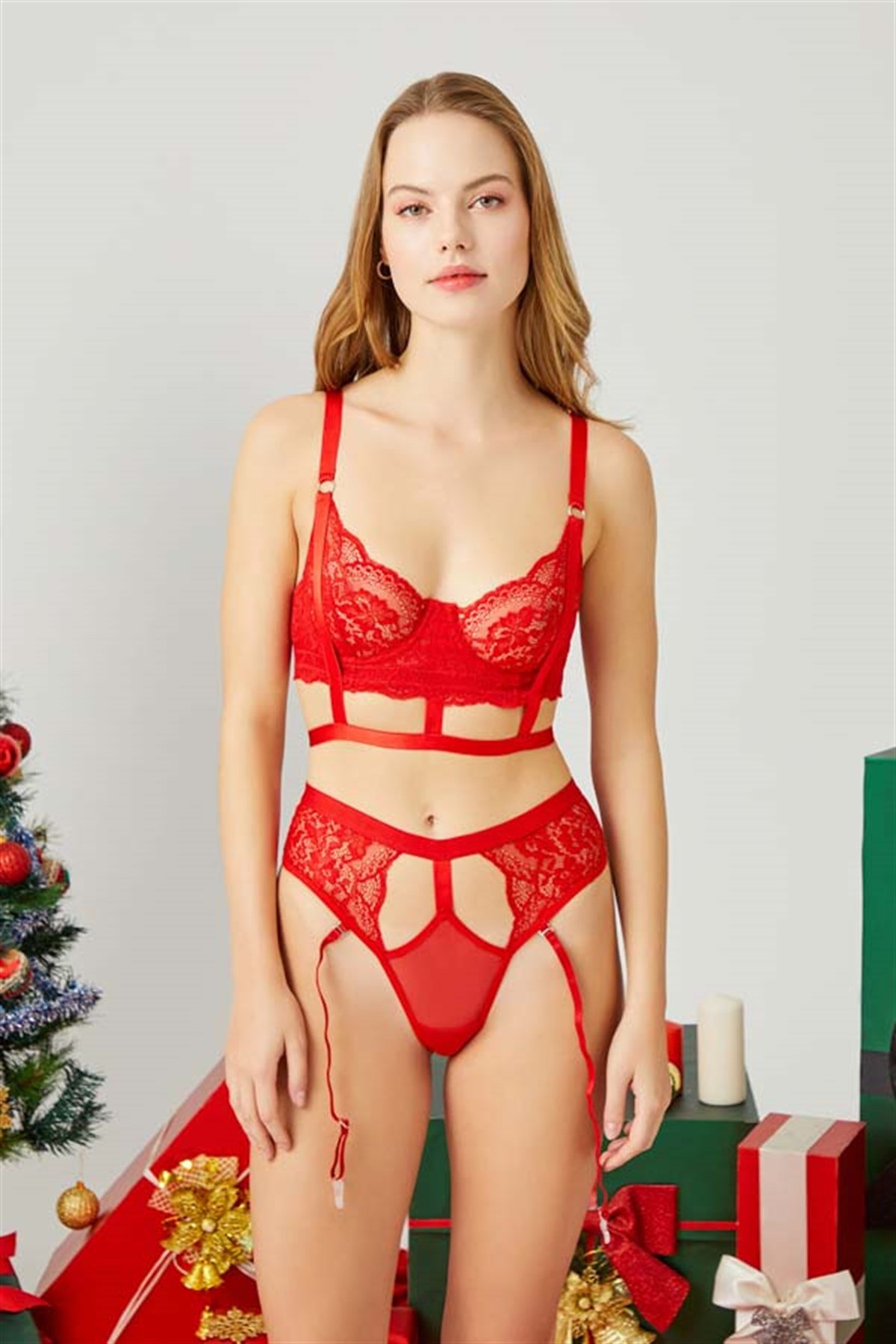 Kırmızı Dantelli Ayarlanabilir Transparan Kadın Sütyen Takımı