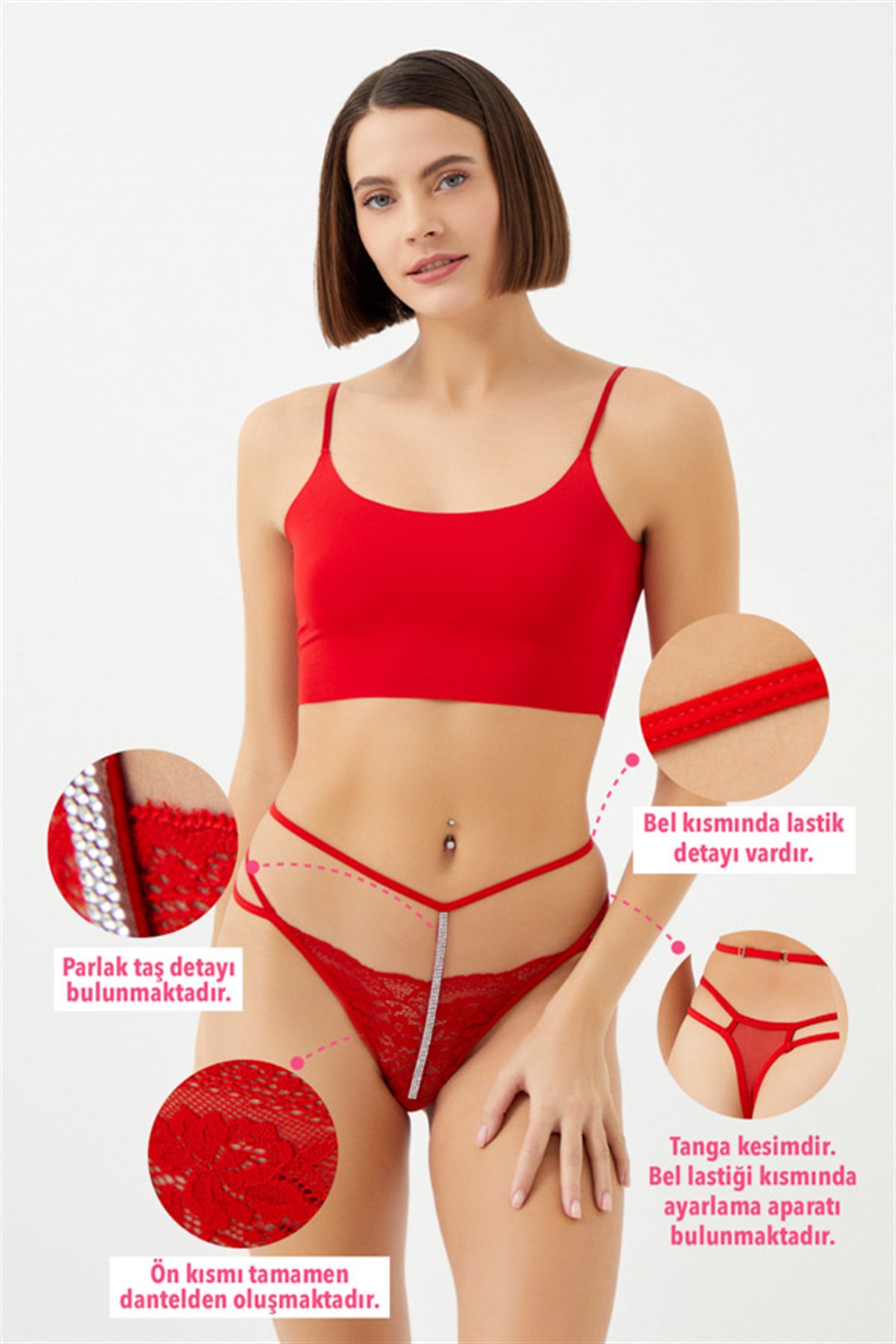 Kırmızı Dantelli Taş Detaylı Ayarlanabilir Lastikli Kadın Tanga Külot