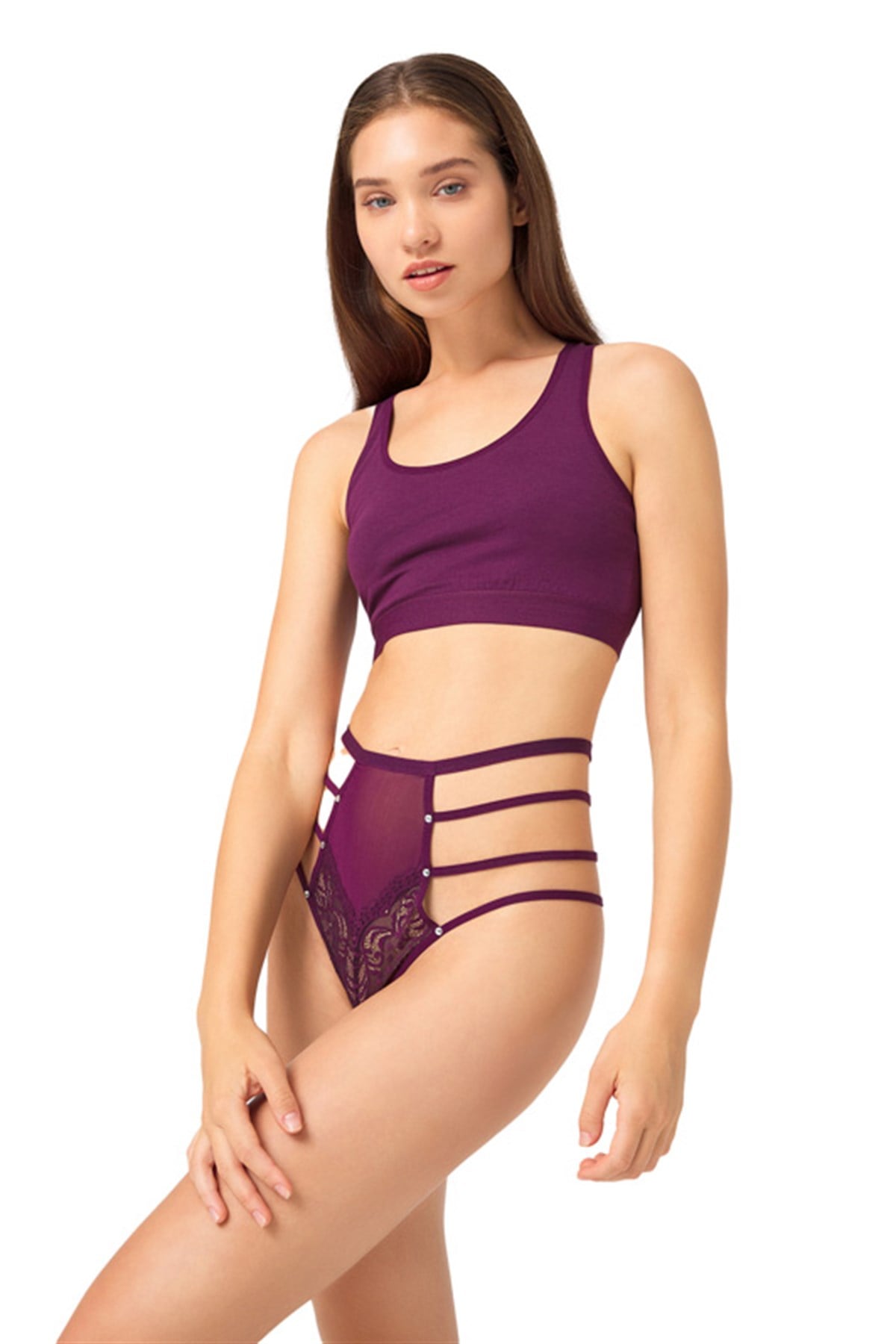 Mürdüm Transparan Lastik Detaylı Fiyonklu Kadın String Külot